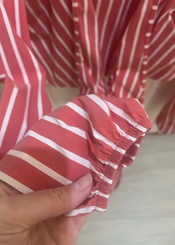 Çizgili, V Yaka, Uzun Kollu Kırmızı Kadın Gömlek - Görsel 7