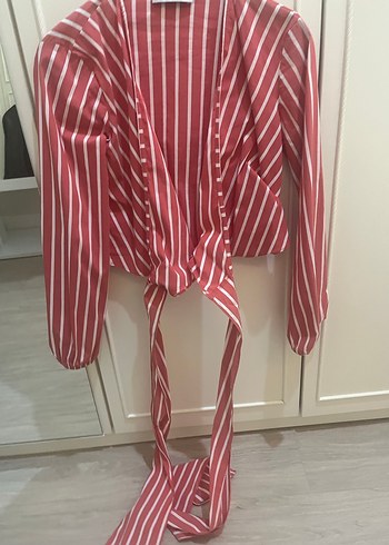 Çizgili, V Yaka, Uzun Kollu Kırmızı Kadın Gömlek - Görsel 4