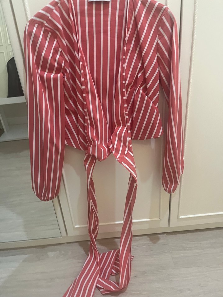 Çizgili, V Yaka, Uzun Kollu Kırmızı Kadın Gömlek - Görsel 4