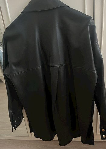 Düğmeli Siyah Midi Deri Ceket - Görsel 4