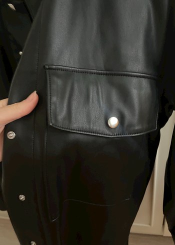 Düğmeli Siyah Midi Deri Ceket - Görsel 8