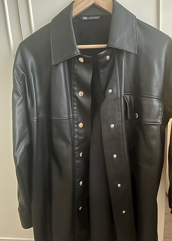 Düğmeli Siyah Midi Deri Ceket - Görsel 9