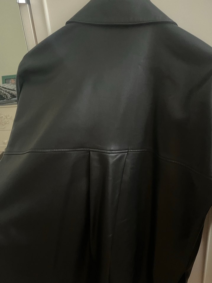Düğmeli Siyah Midi Deri Ceket - Görsel 5