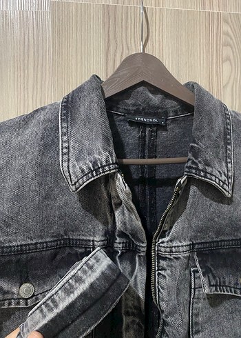 s Beden Gri Düğmeli Kadın Denim Ceket