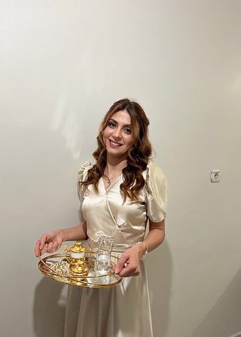 m Beden ten rengi Renk Beyaz Bohem Midi Saten Nişan Elbisesi
