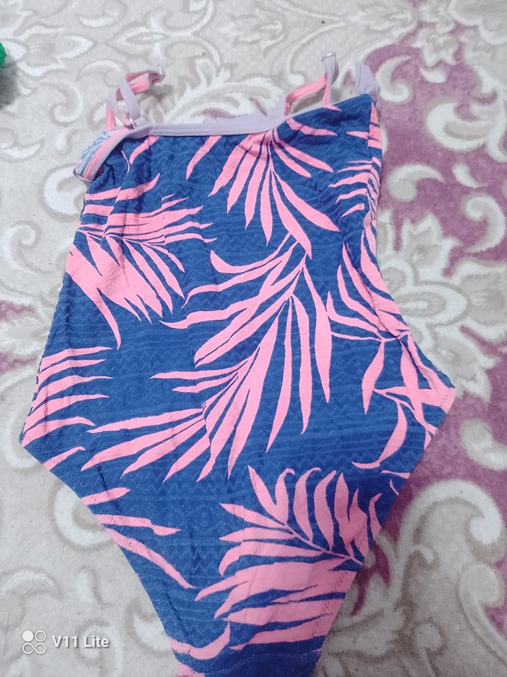 Pembe Yaprak Desenli Fırfırlı Kadın Mayo - Görsel 2