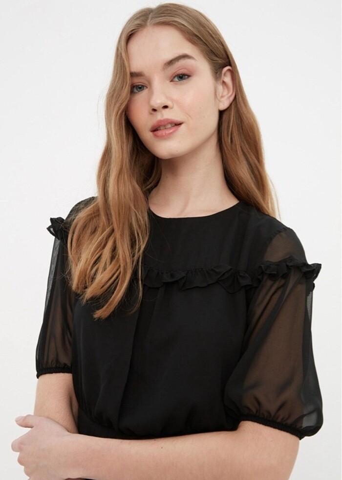 Siyah firfir detayli elbise - Görsel 2