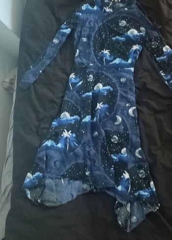 Uzun Kollu Mavi Batik Desenli Uzun Elbise