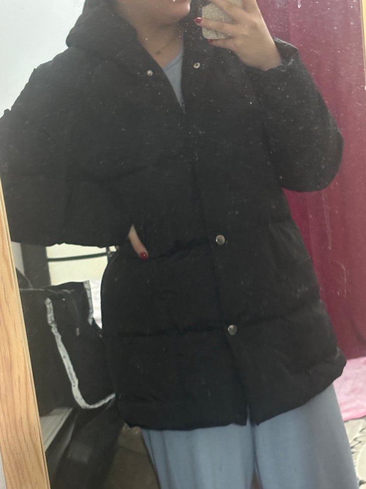 Düğmeli Siyah Kadın Midi Kışlık Mont - Görsel 5