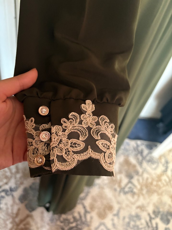 Nakış Detaylı Uzun Kollu Haki Elbise - Görsel 4