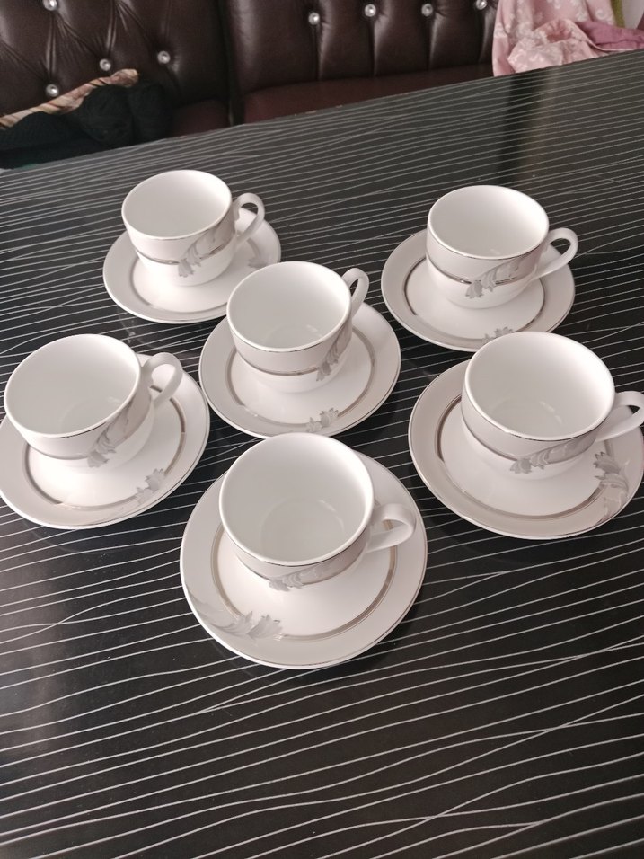 Gri Desenli Beyaz Porselen Fincan ve Tabak - Görsel 5