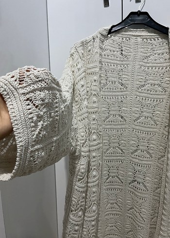 Uzun Kollu Beyaz Bohem Örgü Hırka - Görsel 2