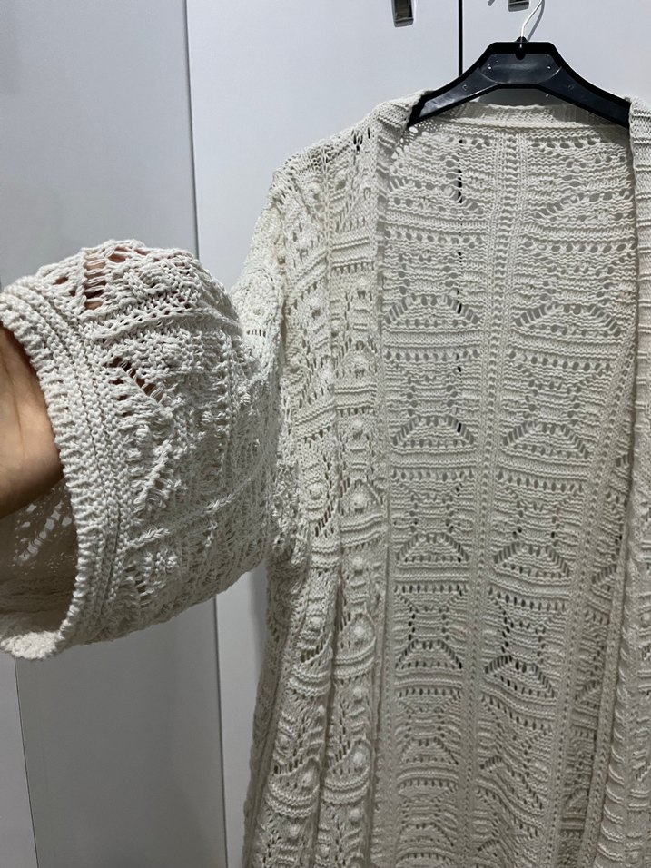 Uzun Kollu Beyaz Bohem Örgü Hırka - Görsel 2