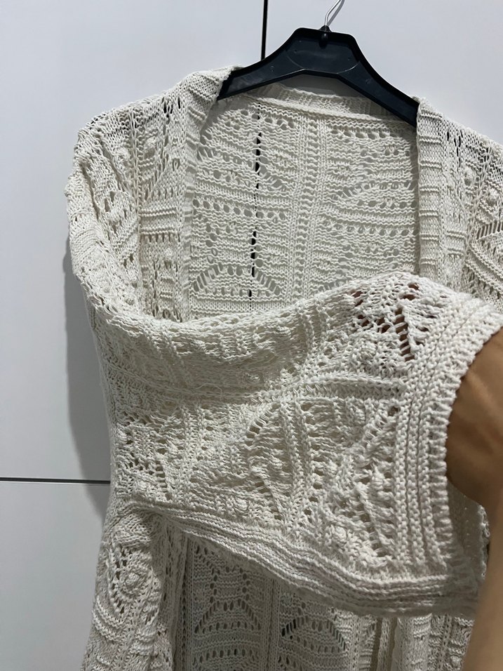 Uzun Kollu Beyaz Bohem Örgü Hırka - Görsel 3