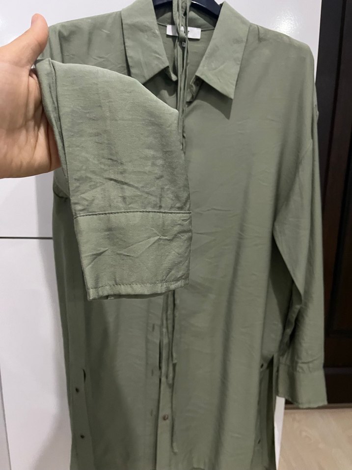 Haki Kadın Uzun Kollu Keten Gömlek - Görsel 2