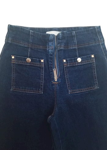 Lacivert Kemerli Geniş Paça Kadın Kot Pantolon - Görsel 3