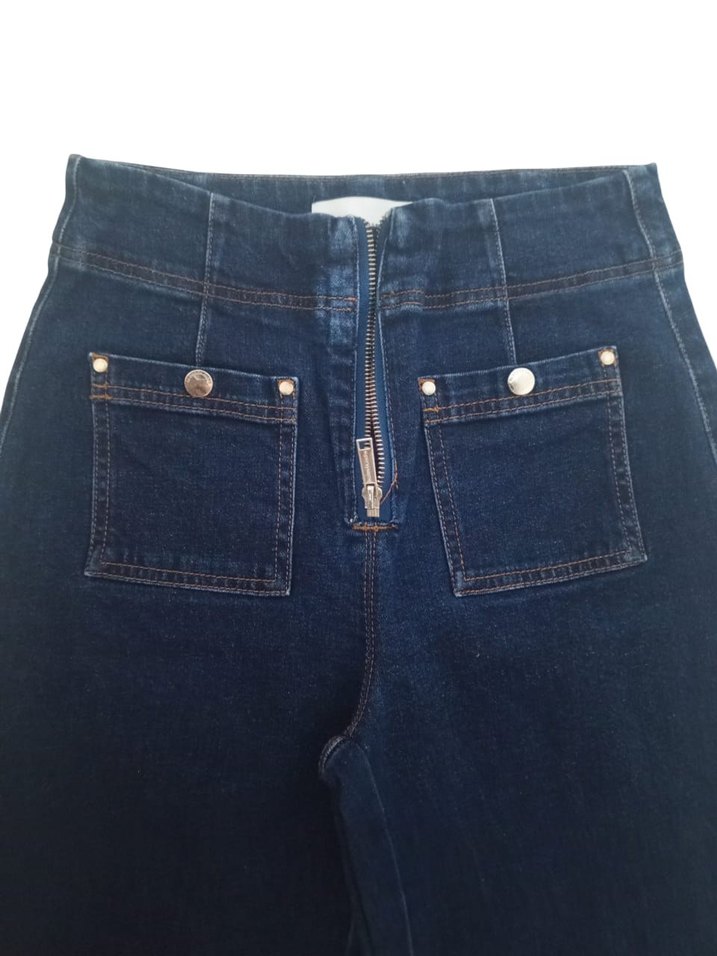 Lacivert Kemerli Geniş Paça Kadın Kot Pantolon - Görsel 3