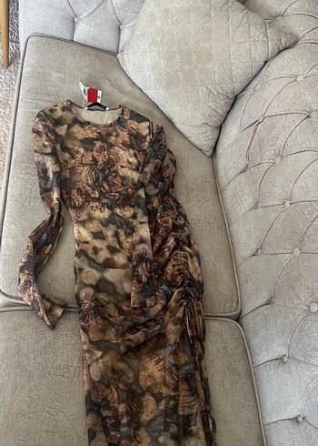 Bohem Tarz Uzun Kol Kahverengi Batik Elbise