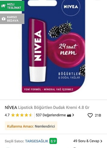 Nivea dudak nemlendirici 