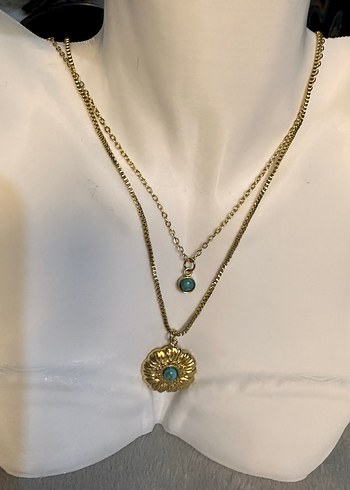 Turkuaz Taşlı Çiçek Detaylı İkili kolye - Görsel 2