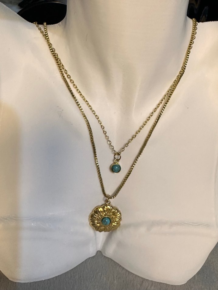 Turkuaz Taşlı Çiçek Detaylı İkili kolye - Görsel 2