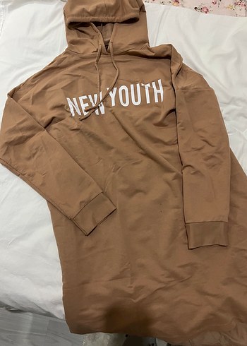 Bej Kapüşonlu Uzun Kollu tunik Sweatshirt