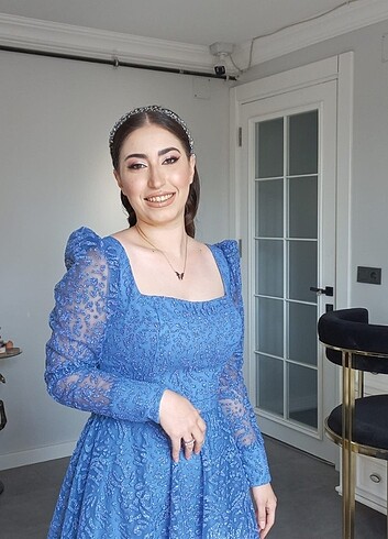 38 Beden mavi Renk Kare yaka Nişan elbisesi