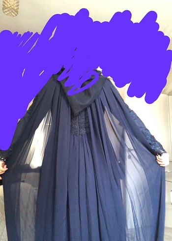 Nakışlı Uzun Kollu Lacivert Abiye Elbise - Görsel 6