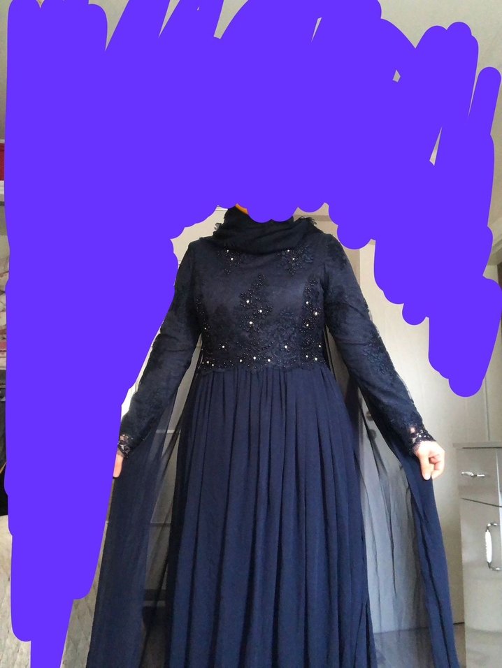 Nakışlı Uzun Kollu Lacivert Abiye Elbise - Görsel 5