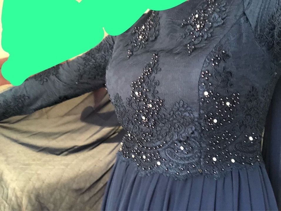 Nakışlı Uzun Kollu Lacivert Abiye Elbise - Görsel 4