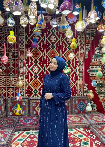 Uzun Kollu Bohem Etnik Desenli Mavi Kadın Elbise - Görsel 3