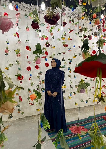 Uzun Kollu Bohem Etnik Desenli Mavi Kadın Elbise - Görsel 7