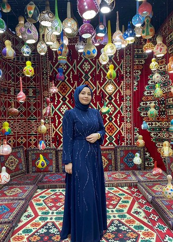 Uzun Kollu Bohem Etnik Desenli Mavi Kadın Elbise - Görsel 5