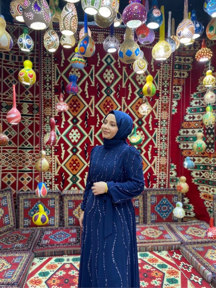 Uzun Kollu Bohem Etnik Desenli Mavi Kadın Elbise - Görsel 3