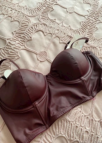 Bordo Deri  Straplez Bustiyer - Görsel 4