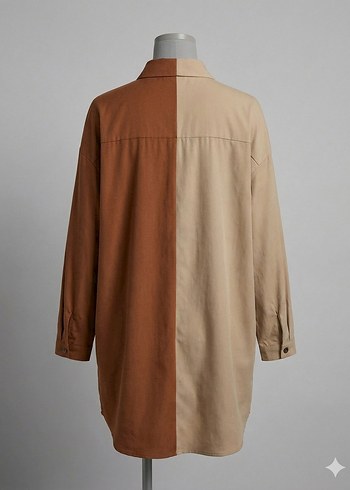 Bej ve Kahverengi Düğmeli Uzun Kollu Kadın Gömlek - Görsel 2