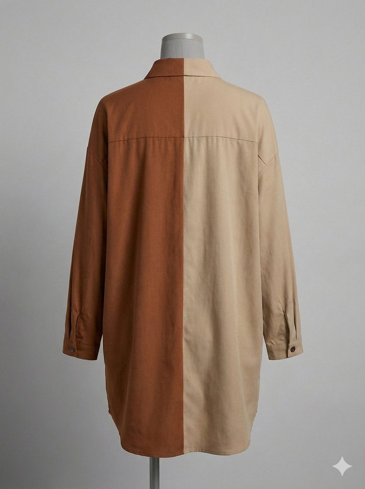 Bej ve Kahverengi Düğmeli Uzun Kollu Kadın Gömlek - Görsel 2