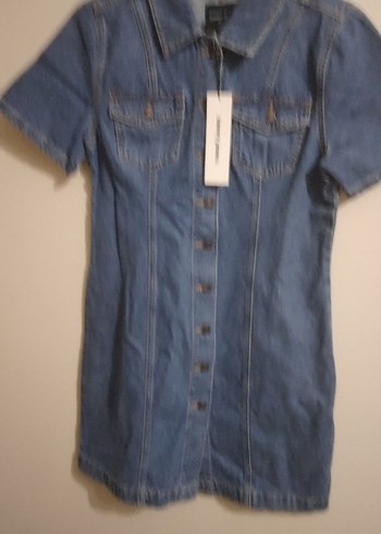 Yeni Etiketli Düğmeli Kısa Kollu Denim Kot Midi Elbise - Görsel 2