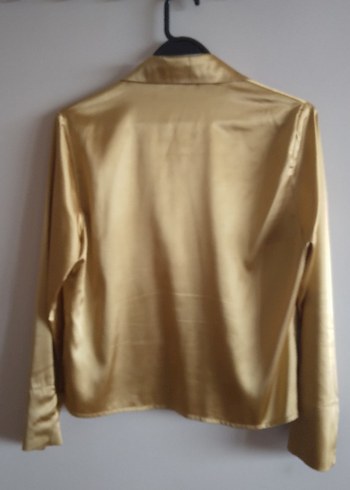 Saten Parlak Altın Rengi Kadın Bluz Gömlek - Görsel 4