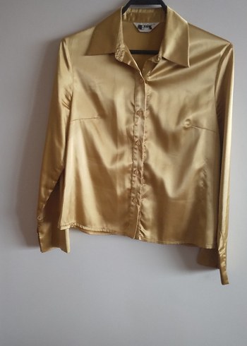 Saten Parlak Altın Rengi Kadın Bluz Gömlek - Görsel 2