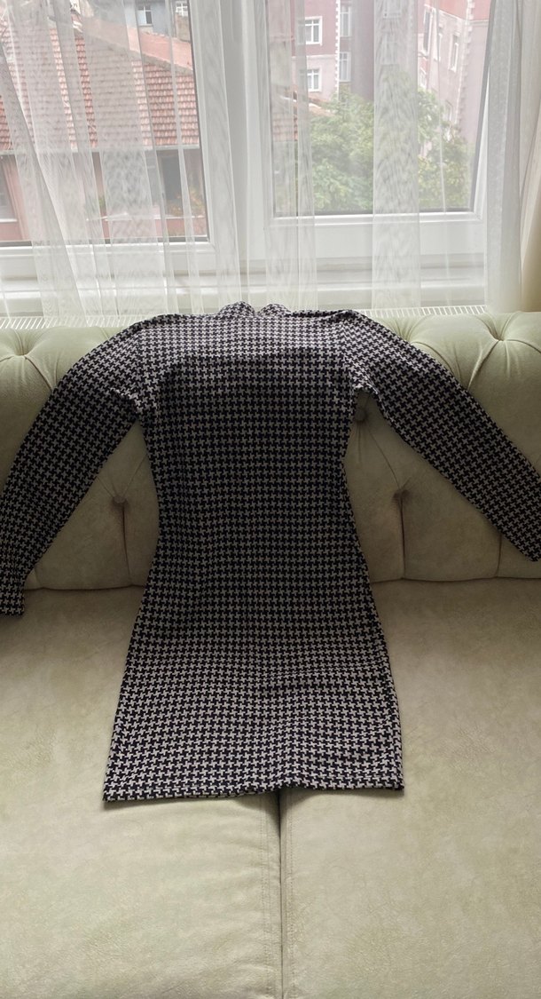 Uzun Kollu Gri Kareli Triko Elbise - Görsel 4