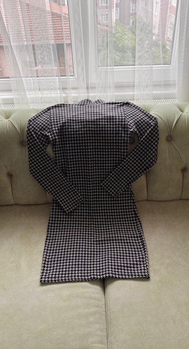 Uzun Kollu Gri Kareli Triko Elbise - Görsel 5