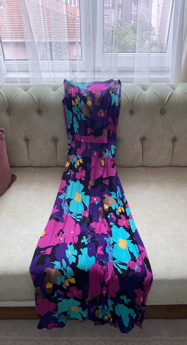 Bohem Mor Desenli Uzun Drapeli Elbise - Görsel 4