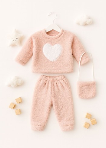 Kırmızı Kalpli Örgü Bebek Kız Takımı - Görsel 3