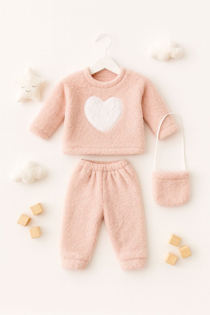 Kırmızı Kalpli Örgü Bebek Kız Takımı - Görsel 3