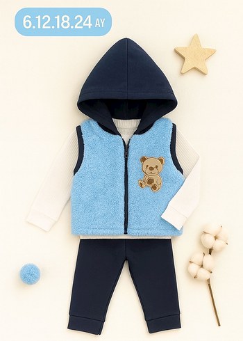 Kapüşonlu Triko Yelekli Erkek Bebek Takımı - Görsel 5