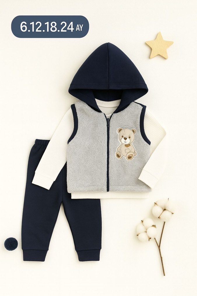 Kapüşonlu Triko Yelekli Erkek Bebek Takımı - Görsel 2