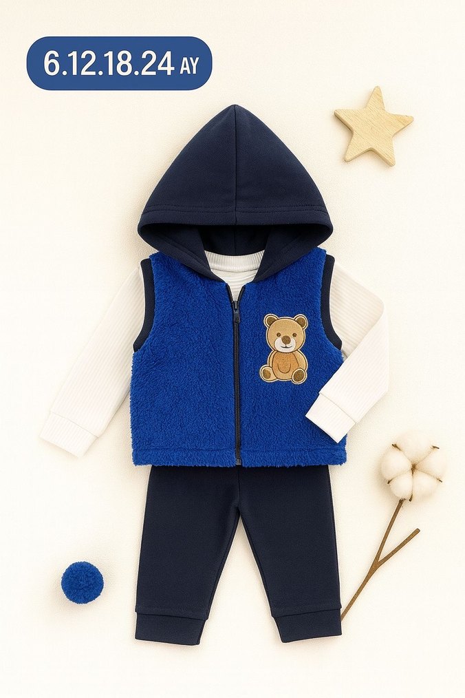 Kapüşonlu Triko Yelekli Erkek Bebek Takımı - Görsel 4