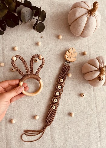 Kahverengi Makrome Diş Kaşıyıcı ve Emzik Askısı - Görsel 2