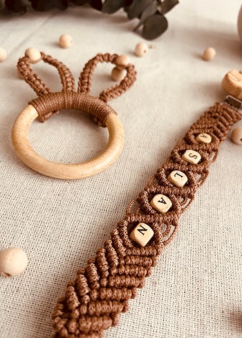 Kahverengi Makrome Diş Kaşıyıcı ve Emzik Askısı - Görsel 3